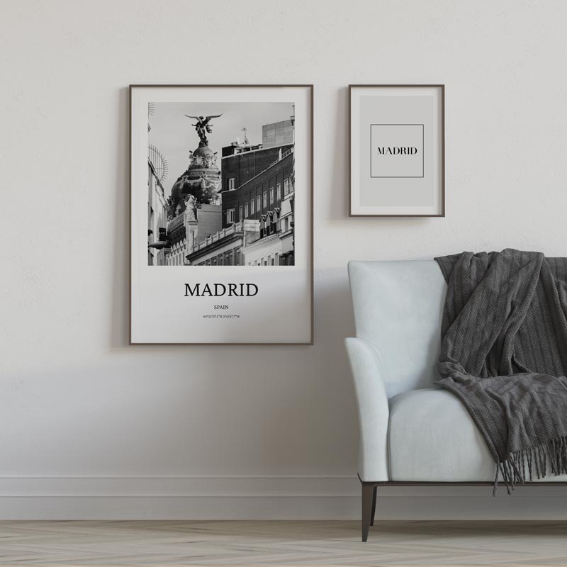 Decoración con cuadros, mural -  cuadro ciudad de Madrid. Lámina decorativa de Madrid en blanco y negro.