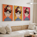 decoración con cuadros, idea mural Frida - lámina decorativa de Frida Kalho sobre fondo naranja, ilustración colorida - kuadro