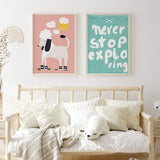 decoración con cuadros, ideas - lámina decorativa infantil con frase "nunca dejes de explorar" sobre fondo azul cielo - kuadro