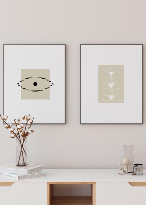 Decoración con cuadros, mural -  cuadro de ojo minimalista en blanco y negro y beige. Cuadro de ojo nórdico. Lámina decorativa.