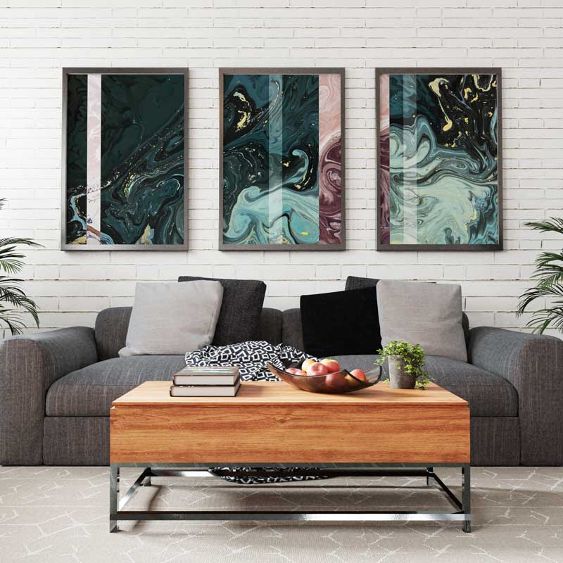 Decoración con cuadros, mural -  cuadro efecto óleo digital con tonos azules. Ondas y texturas abstractas. Lámina decorativa.