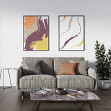 Decoración con cuadros, mural -  cuadro abstracto con pinceladas en tonos tierra, naranja y morado. Lámina decorativa abstracta y colorida. 