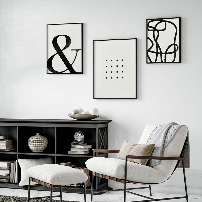 Decoración con cuadros, mural -  lámina decorativa minimalista y moderna en blanco y negro con puntos negros sobre fondo blanco
