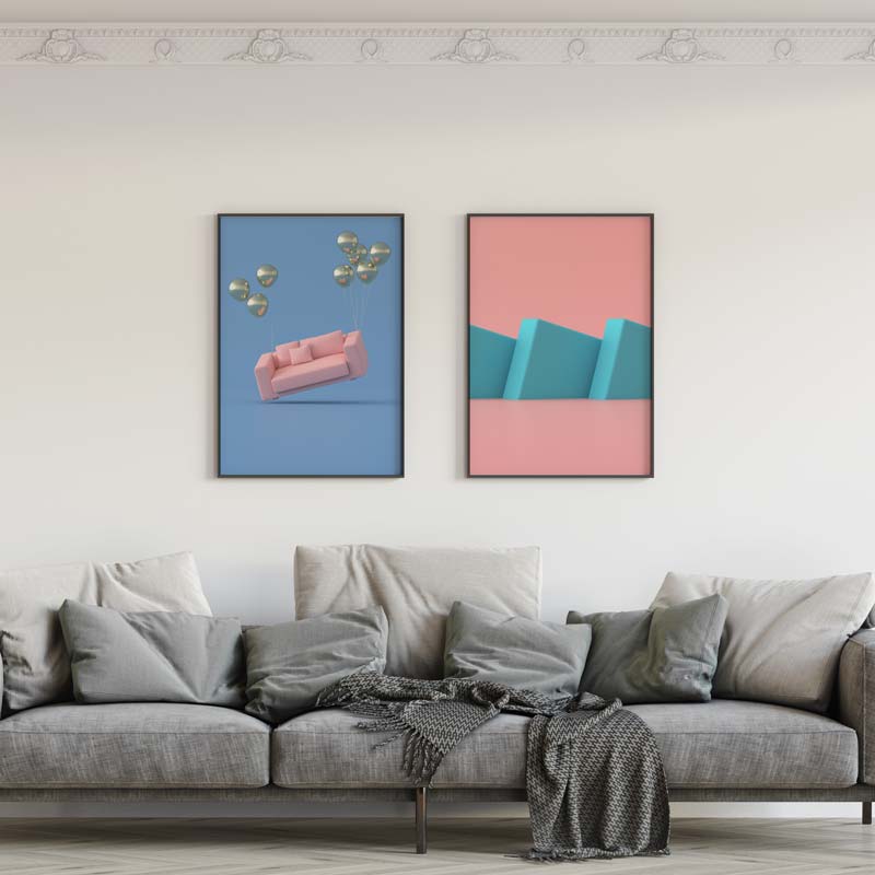 Decoración con cuadros, mural -  cuadro 3D con objetos cuadrados en colores azul y rosa pastel. Lámina decorativa.