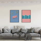Decoración con cuadros, mural -  cuadro 3D con sofá y globos en colores rosa pastel, oro y azul cielo. Lámina decorativa.