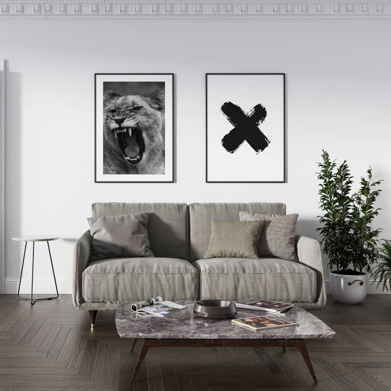 Decoración con cuadros, mural -  cuadro fotografía de tigre furioso en blanco y negro. Lámina decorativa de foto de tigre.