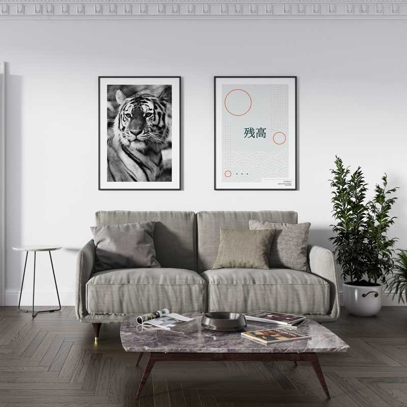 Decoración con cuadros, mural -  cuadro fotografía de tigre en blanco y negro. Lámina decorativa de foto de tigre.