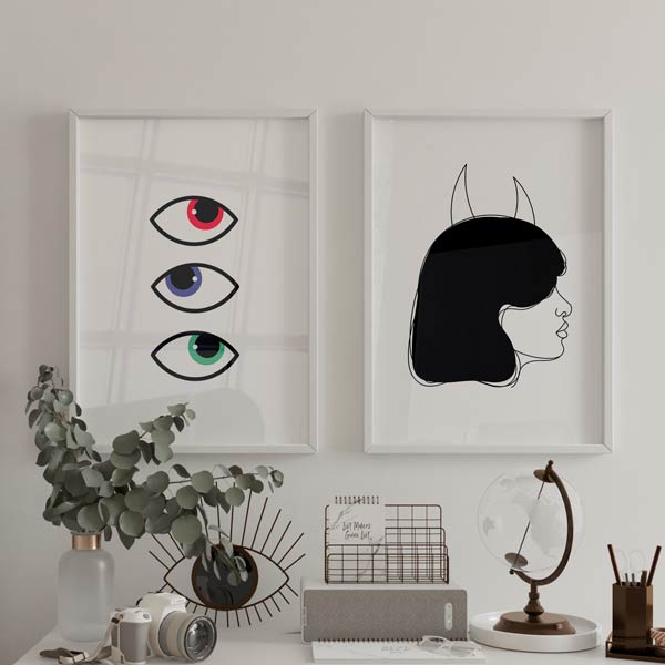 Decoración con cuadros, mural -  cuadro de ojos abstracto y minimalista. Ilustración de ojos moderno. Lámina decorativa.