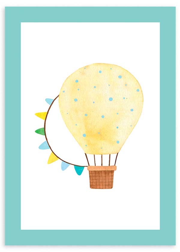 cuadro infantil con globo aerostático amarillo. Lámina decorativa con ilustración infantil. Marco negro