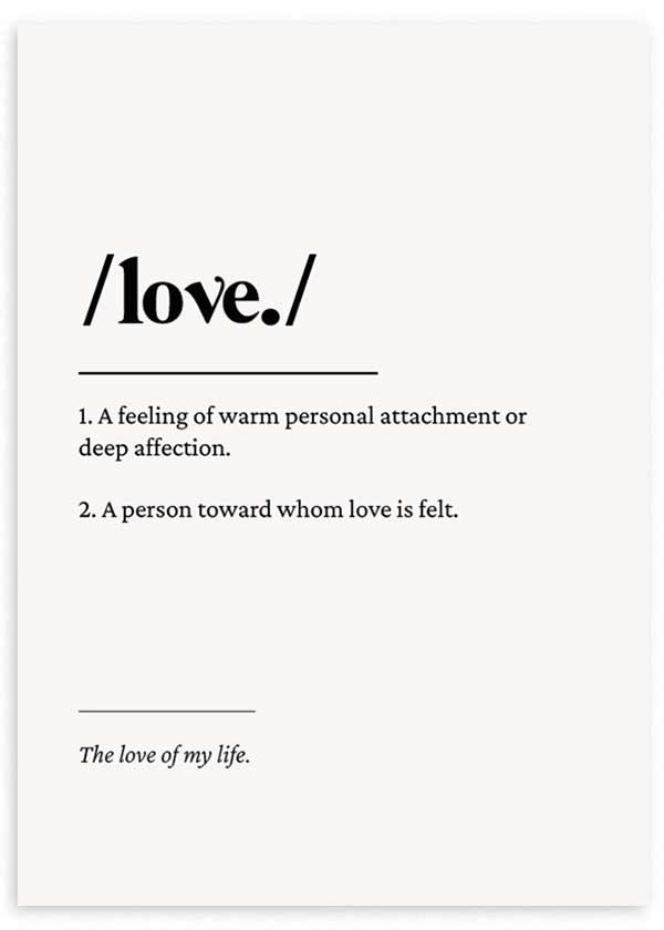 cuadro tipográfico de frases con definición de la palabra amor. Cuadro en blanco y negro. Lámina decorativa.