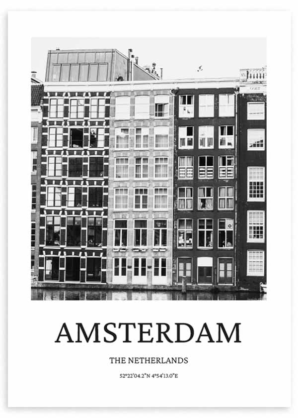 lámina decorativa de ciudad de amsterdam, blanco y negro, foto 