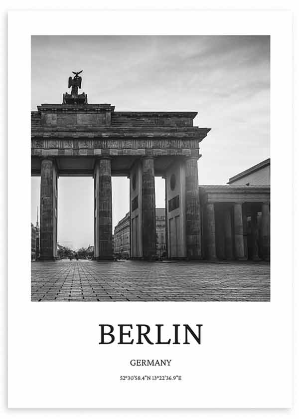 cuadro fotografía ciudad de Berlín. Lámina decorativa en blanco y negro de Puerta de Brandeburgo. Marco negro