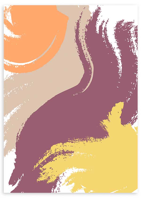 cuadro abstracto con pinceladas en tonos tierra, naranja y morado. Lámina decorativa abstracta y colorida. Marco negro