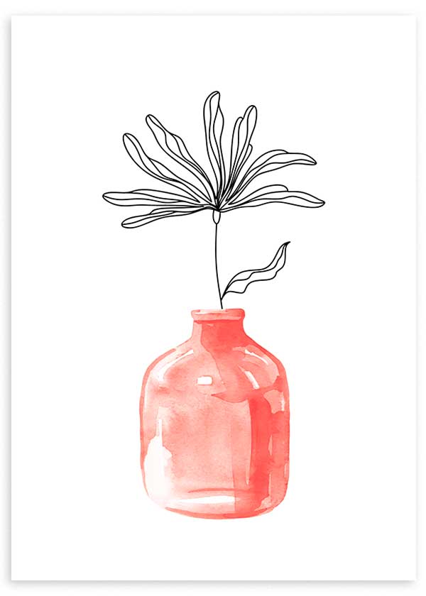 cuadro ilustrado y moderno con jarrón y flores. Lámina decorativa.