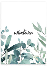 Cuadro con palabra "Whatever" en estilo floral y tonos verdes. Marco negro
