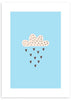 cuadro infantil de nube lloviendo corazones en colores azul y marrón. Lámina decorativa infantil alegre.