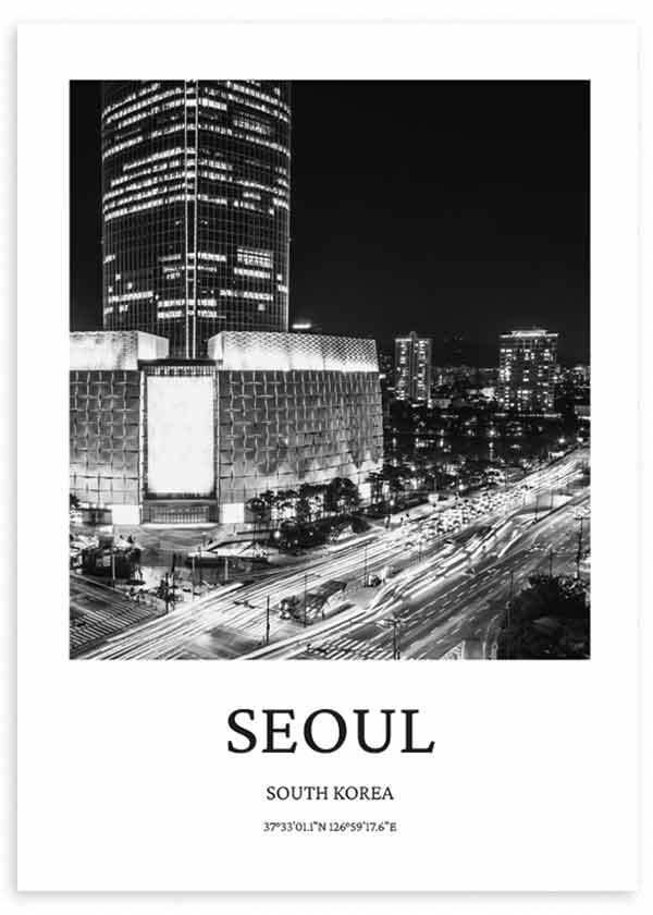 cuadro ciudad de Seúl. Lámina decorativa de Seúl en blanco y negro. Marco negro