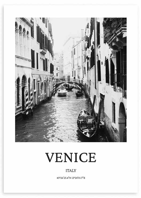 cuadro ciudad de Venecia. Lámina decorativa de Venecia en blanco y negro. Marco negro
