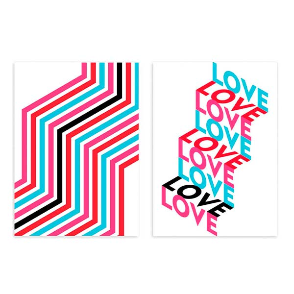 conjunto de dos cuadros coloridos con palabra love e ilustraciones - kuadro